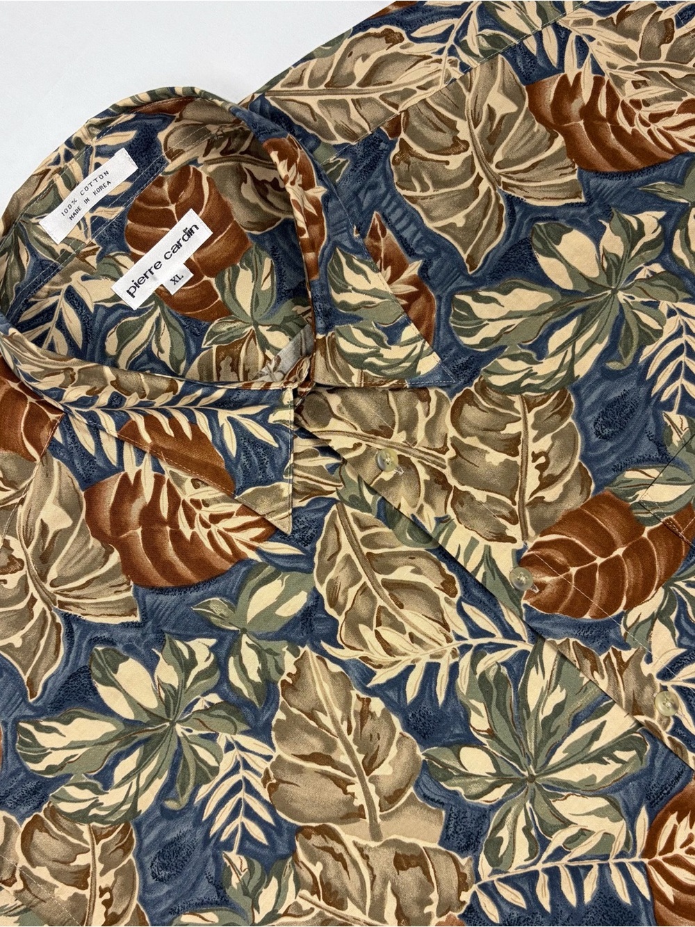 Pierre Cardin Leaf Print Camp Shirt in Blue, Brown & Cream